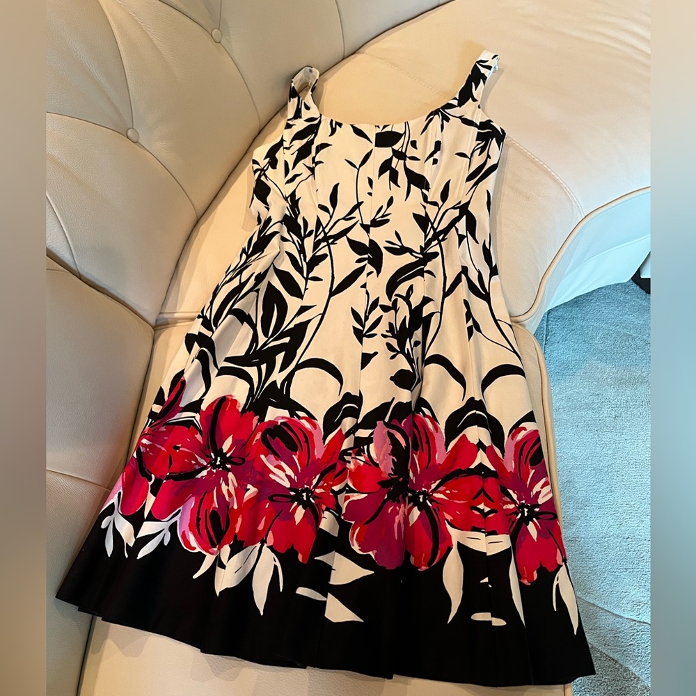 Jones Wear Floral Black and White Dress with Red Accents